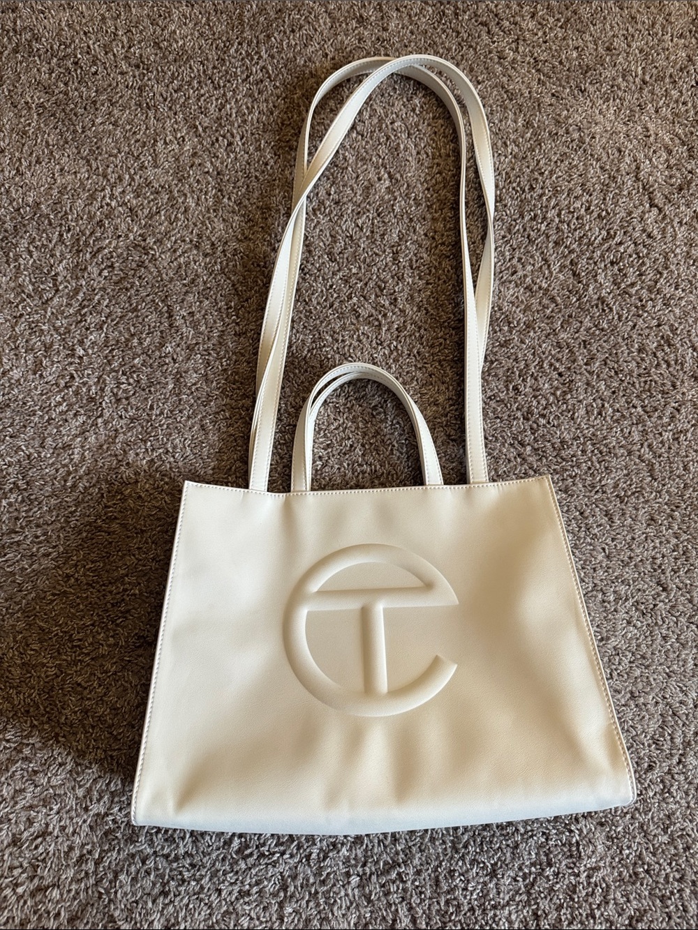 Telfar Milk White Leather Medium Shopping Bag Tote Bag with Embossed Logo